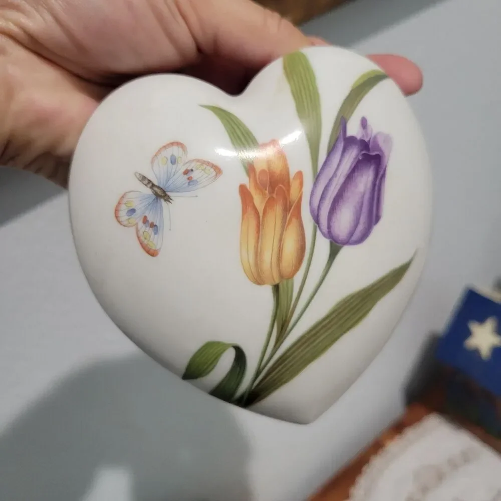 Vintage LIMOGES France Heart Shaped Trinket Box Rochard Butterflies Floral FLAW
